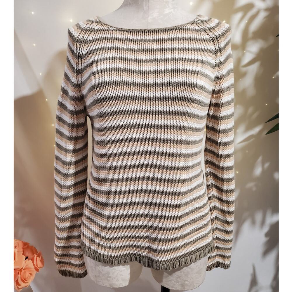 Vtg Tommy Hilfiger Womens Striped Knit Sweater Size L Neutral Sage Cotton Y2K 01